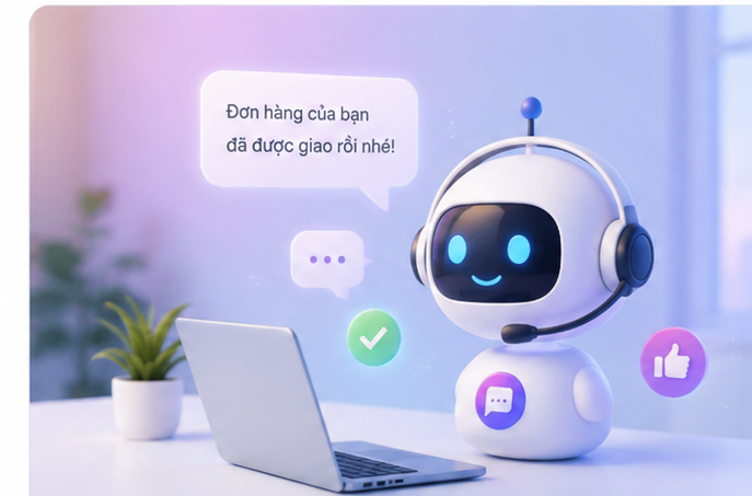 Trợ lý ảo trả lời khách hàng, hiển thị tin nhắn báo đơn hàng đã giao